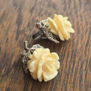 Vintage 1950s Celluloid carved roses w/ marcasite leaves clip-on earrings.